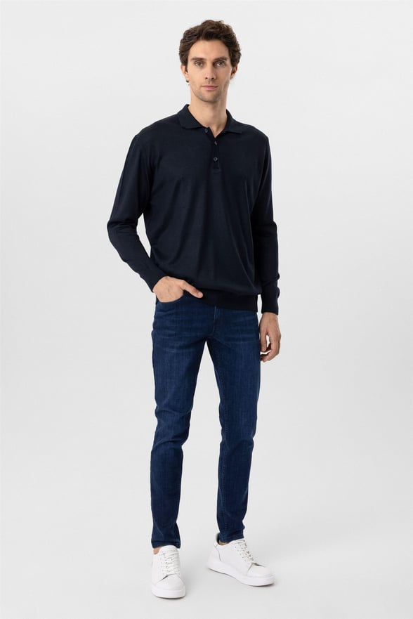 Lacivert Regular Düz Polo Yaka Triko