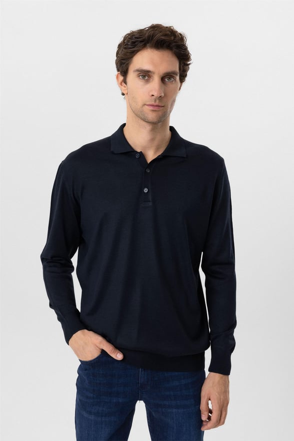 Lacivert Regular Düz Polo Yaka Triko
