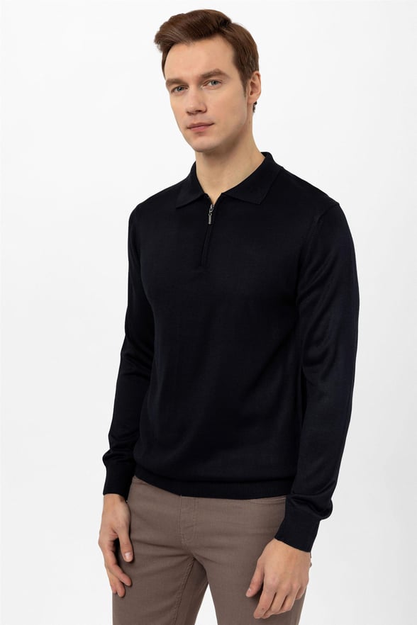 Lacivert Regular Düz Polo Yaka  Triko