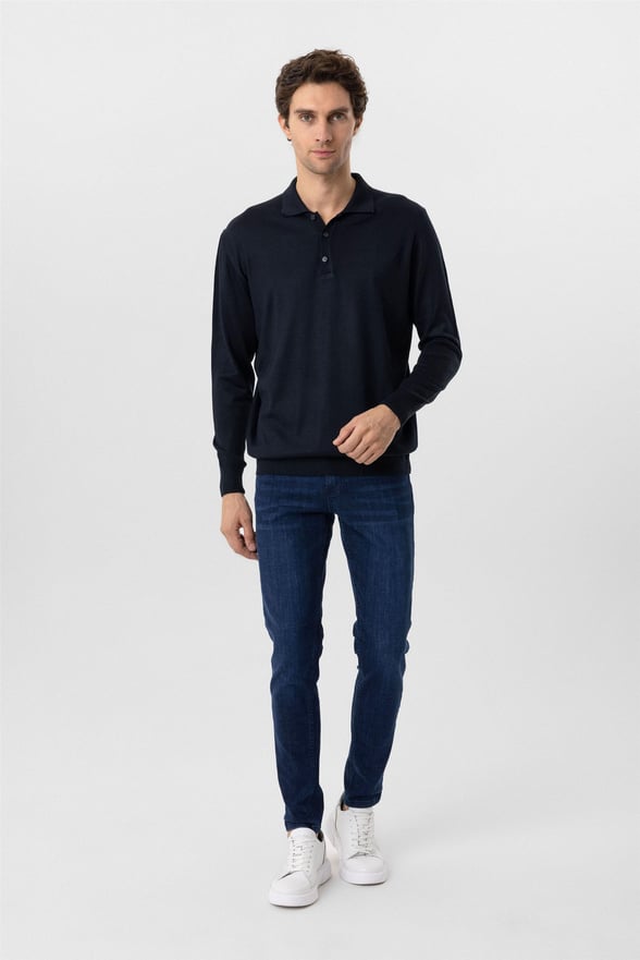 Lacivert Regular Düz Polo Yaka Triko