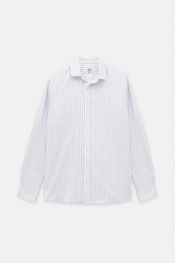 Lacivert Regular Klasik Yaka Dikey Çizgili Armürlü Cepsiz Düğmeli Uzun Kollu Casual Gömlek