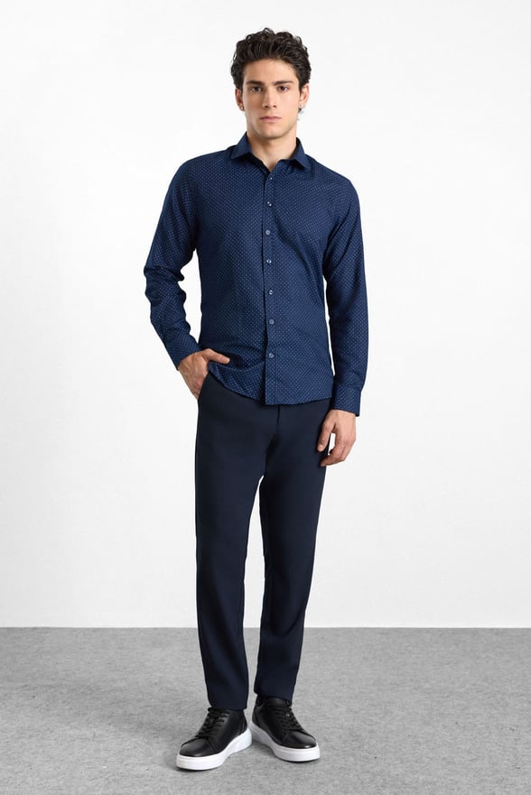 Lacivert Regular Klasik Yaka Minimal Oxford Cepsiz Düğmeli Uzun Kollu Casual Gömlek