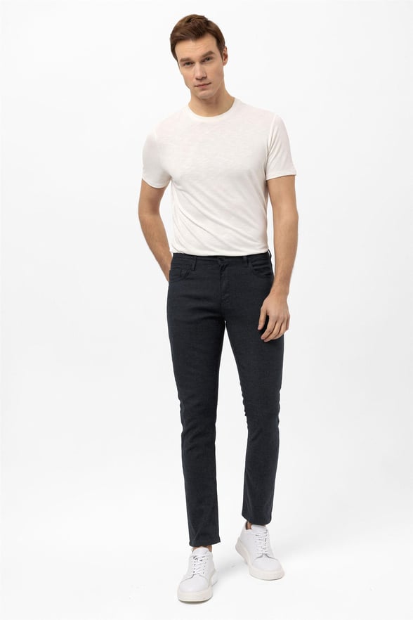 Lacivert Slim 5 Cep Kalıp Armürlü Pantolon