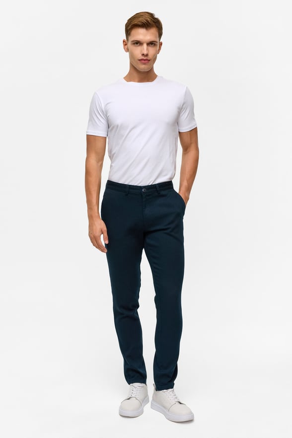 Lacivert Slim Armürlü Kanvas Pantolon