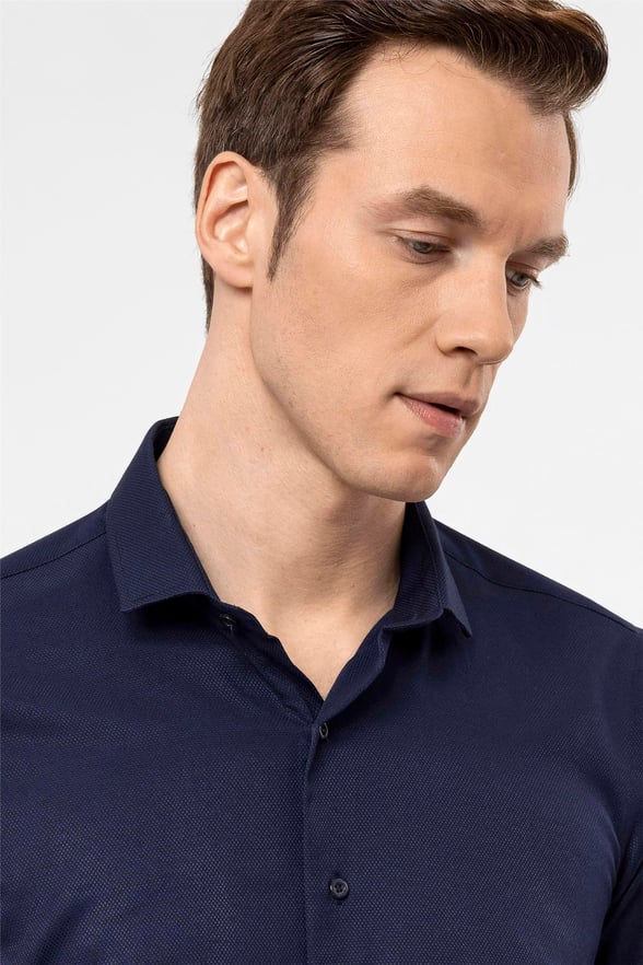 Lacivert Slim Armürlü Klasik Yaka  Gömlek
