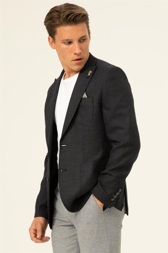 Lacivert Slim Armürlü Mono Yaka 6 Drop                                                       Ceket