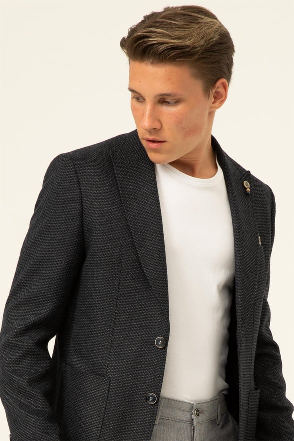 Lacivert Slim Armürlü Mono Yaka 6 Drop                                                       Ceket
