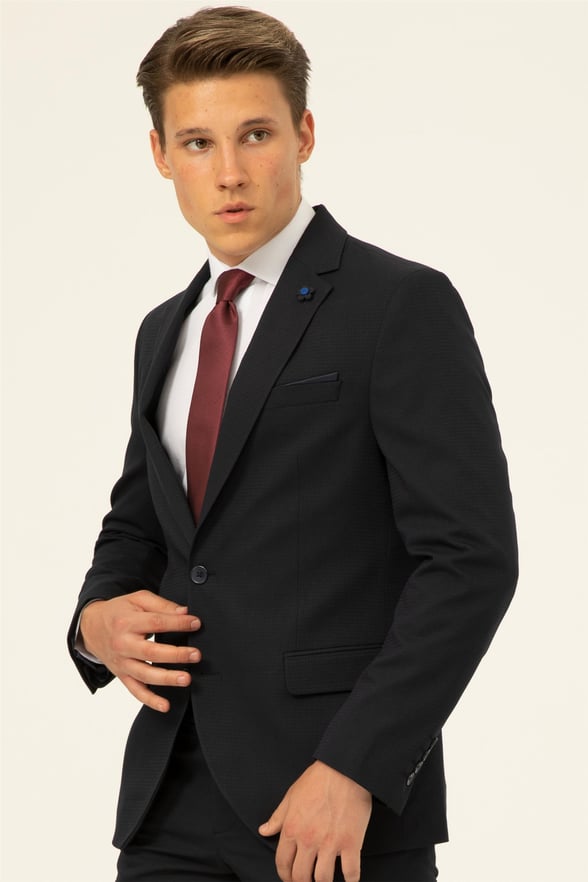 Lacivert Slim Armürlü Mono Yaka 6 Drop                                                       Takım Elbise
