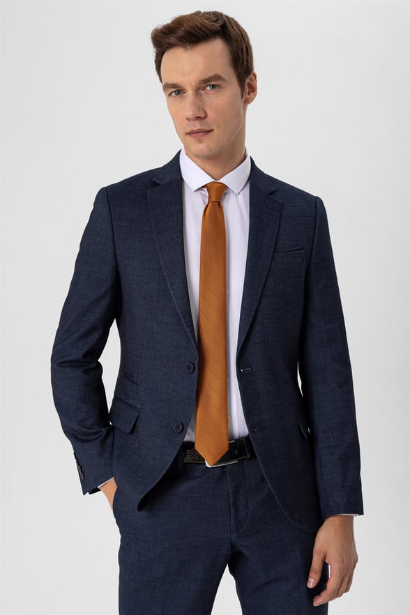 Lacivert Slim Armürlü Mono Yaka 6 Drop                                                       Takım Elbise