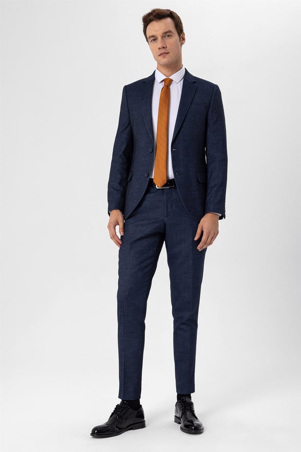 Lacivert Slim Armürlü Mono Yaka 6 Drop                                                       Takım Elbise