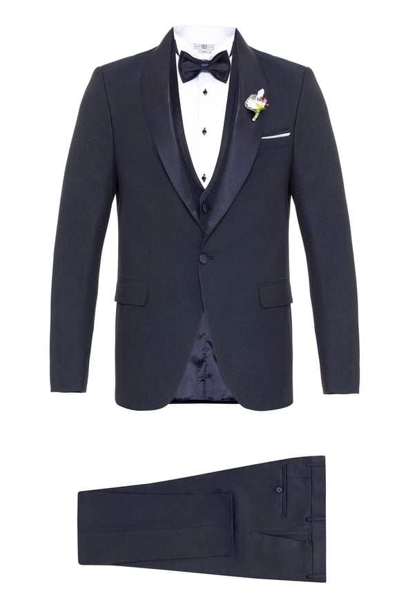 Lacivert Slim Armürlü Mono Yaka 6 Drop                                                       Smokin Takım Elbise