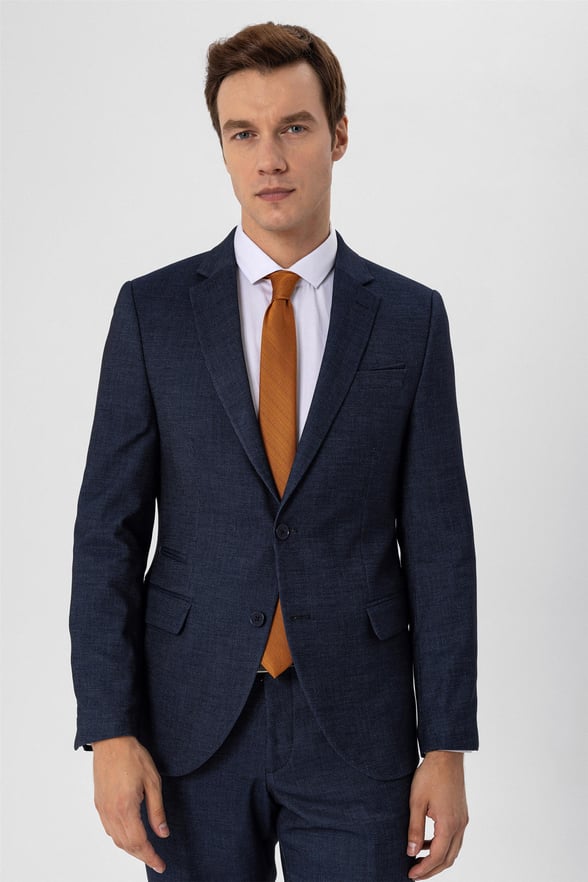 Lacivert Slim Armürlü Mono Yaka 6 Drop                                                       Takım Elbise
