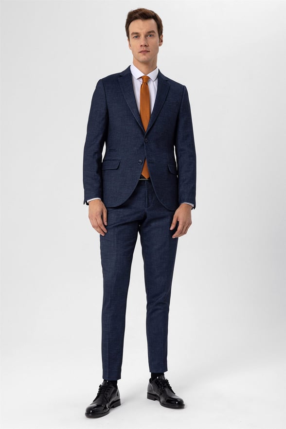 Lacivert Slim Armürlü Mono Yaka 6 Drop                                                       Takım Elbise