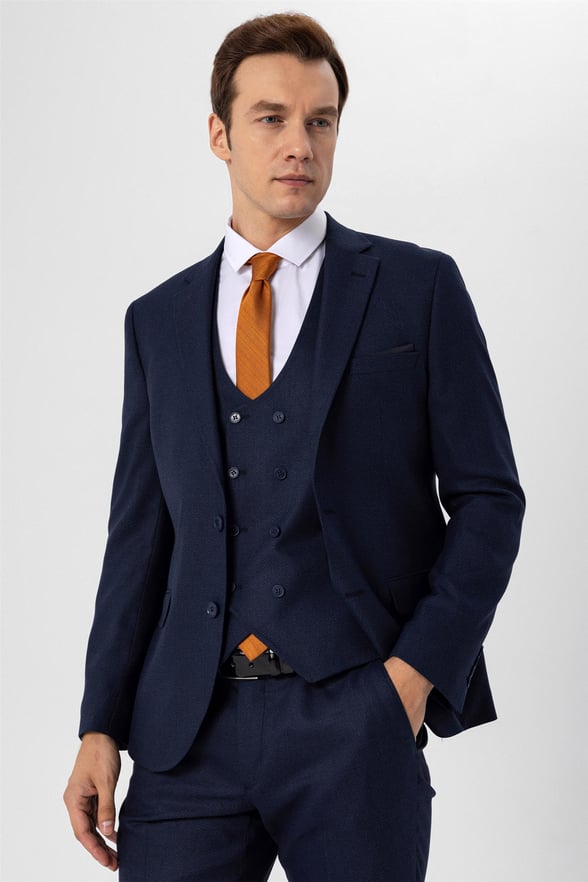 Lacivert Slim Armürlü Mono Yaka 6 Drop                                                       Yelekli Takım Elbise