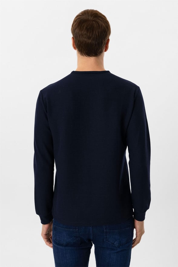 Lacivert Slim Armürlü O Yaka Sweatshirt