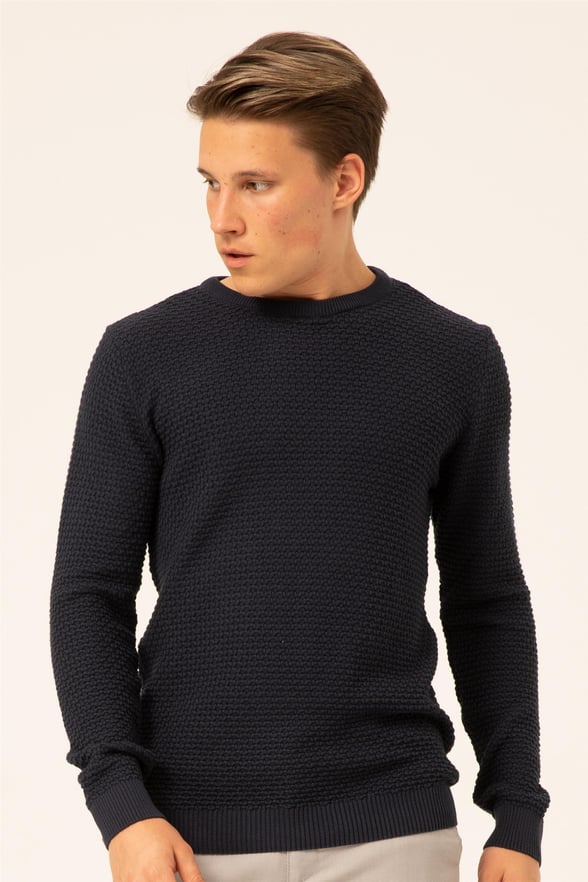 Lacivert Slim Armürlü O Yaka  Triko