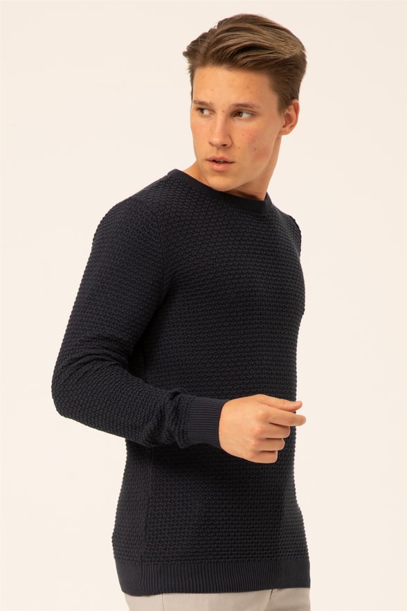 Lacivert Slim Armürlü O Yaka  Triko