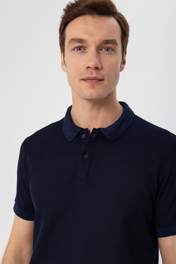 Lacivert Slim Armürlü Polo Yaka  Tişört