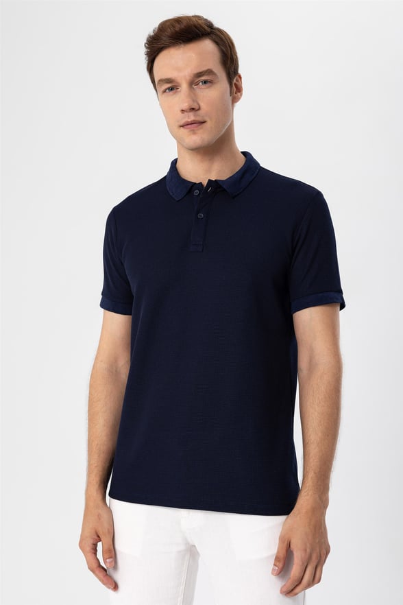 Lacivert Slim Armürlü Polo Yaka  Tişört