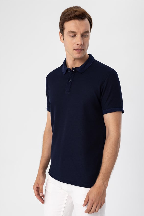 Lacivert Slim Armürlü Polo Yaka  Tişört