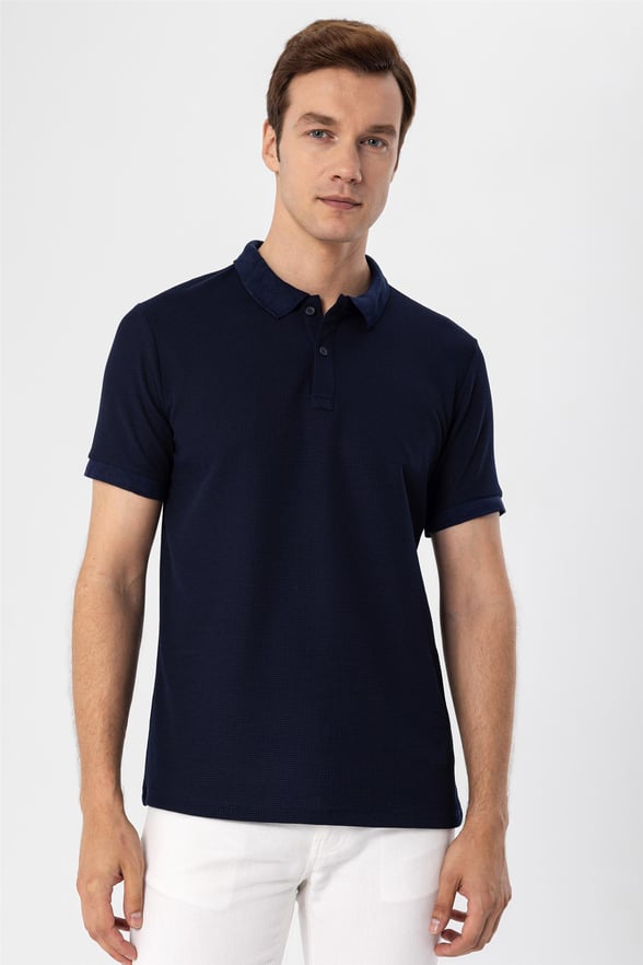Lacivert Slim Armürlü Polo Yaka  Tişört