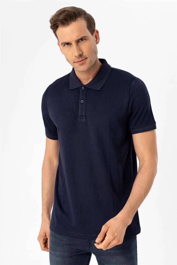 Lacivert Slim Armürlü Polo Yaka  Tişört