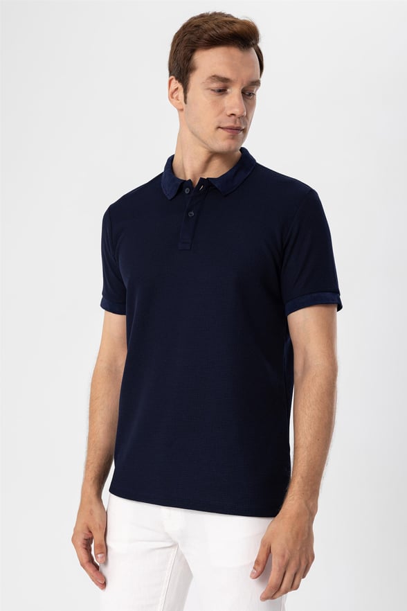 Lacivert Slim Armürlü Polo Yaka  Tişört