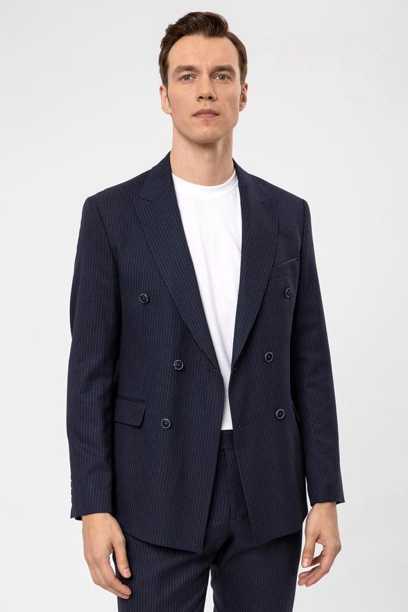 Lacivert Slim Armürlü Sivri Yaka 6 Drop                                                       Takım Elbise