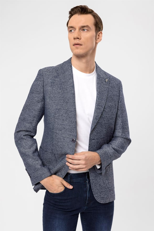Lacivert Slim Armürlü Sivri Yaka 6 Drop                                                       Ceket