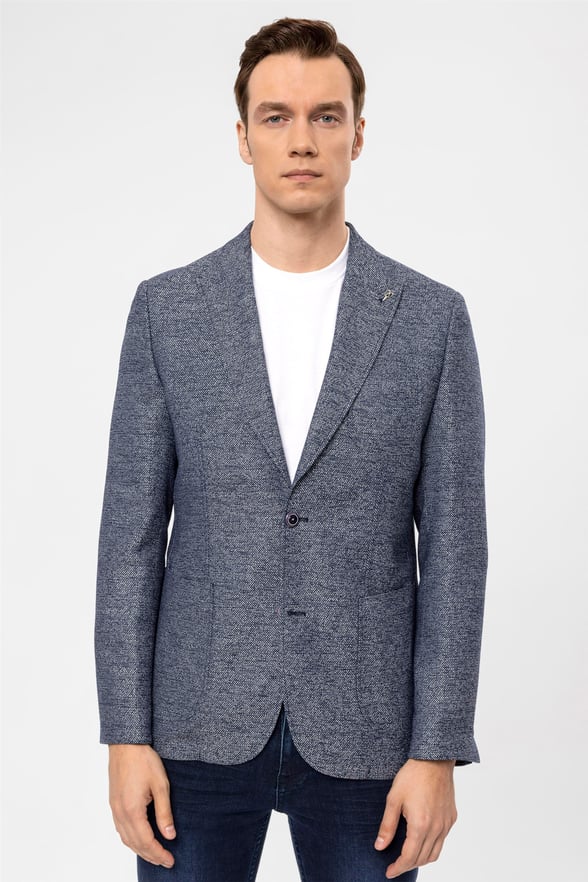 Lacivert Slim Armürlü Sivri Yaka 6 Drop                                                       Ceket