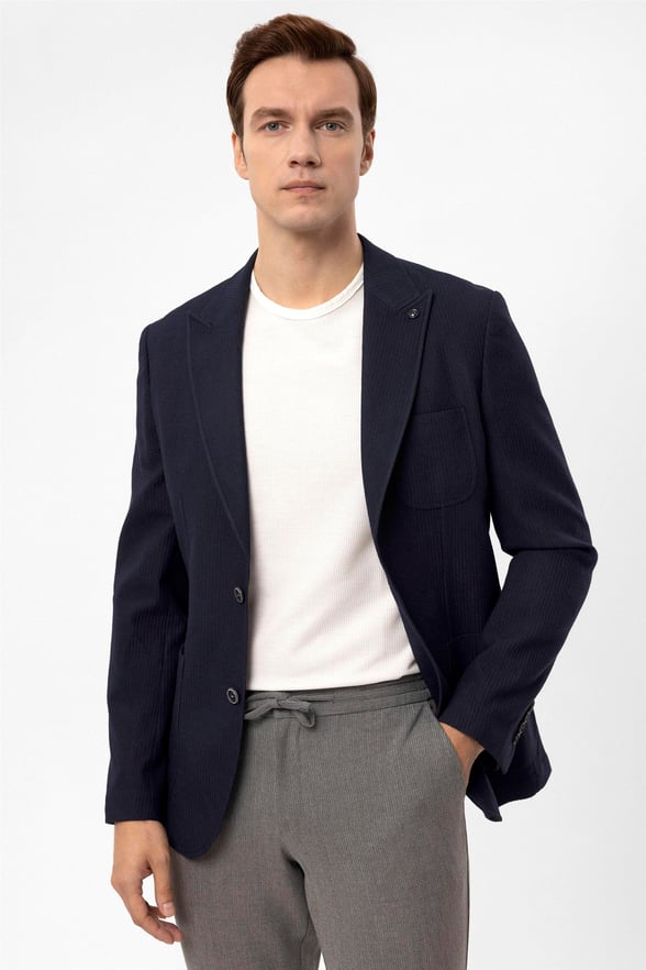 Lacivert Slim Armürlü Sivri Yaka 6 Drop                                                       Ceket