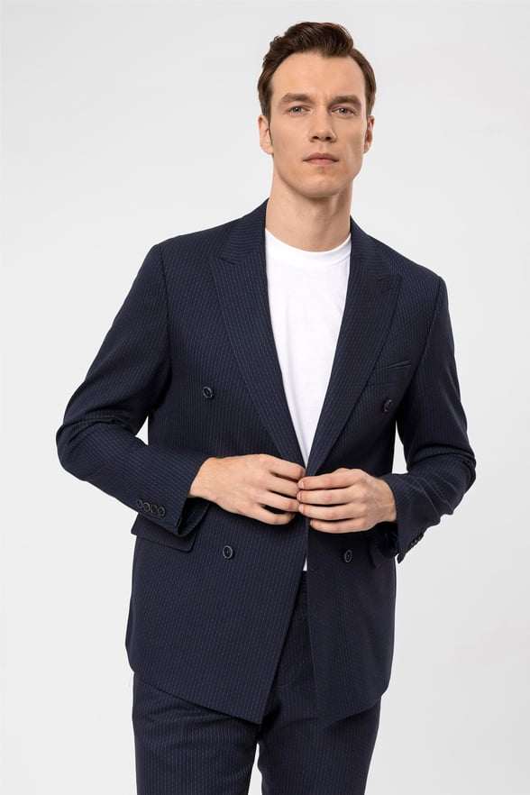 Lacivert Slim Armürlü Sivri Yaka 6 Drop                                                       Takım Elbise
