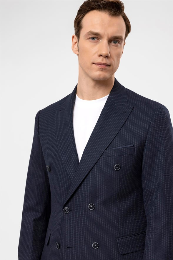 Lacivert Slim Armürlü Sivri Yaka 6 Drop                                                       Takım Elbise
