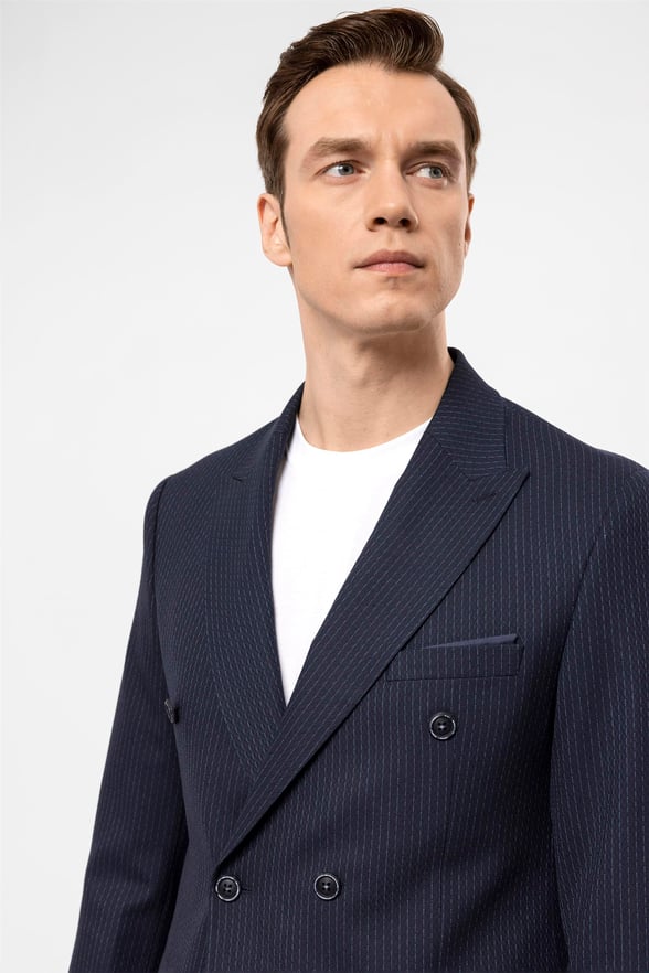 Lacivert Slim Armürlü Sivri Yaka 6 Drop                                                       Takım Elbise