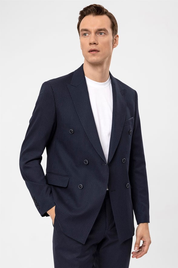 Lacivert Slim Armürlü Sivri Yaka 6 Drop                                                       Takım Elbise