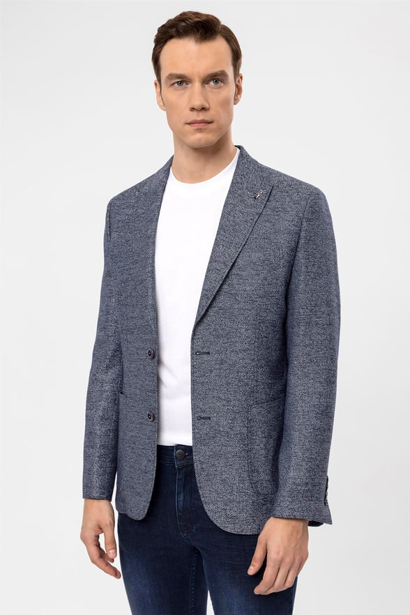 Lacivert Slim Armürlü Sivri Yaka 6 Drop                                                       Ceket
