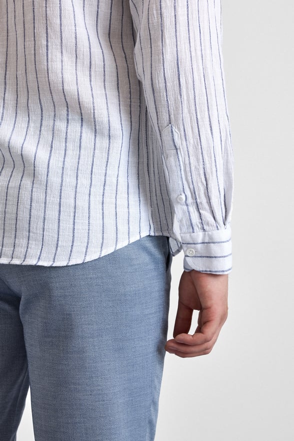 Lacivert Slim Çizgili Düğmeli Yaka Casual Gömlek
