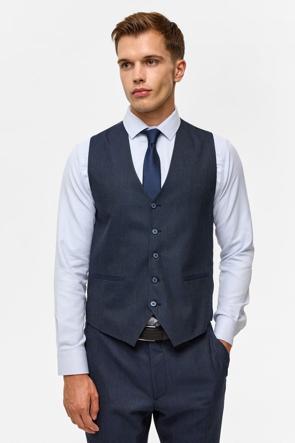 Lacivert Slim Desenli Mono Yaka 6 Drop Yelekli Takım Elbise