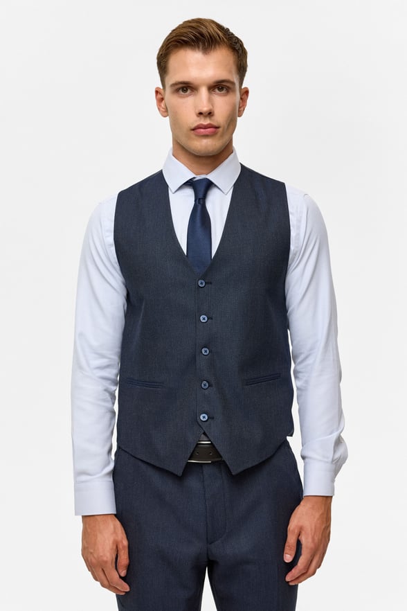 Lacivert Slim Desenli Mono Yaka 6 Drop Yelekli Takım Elbise