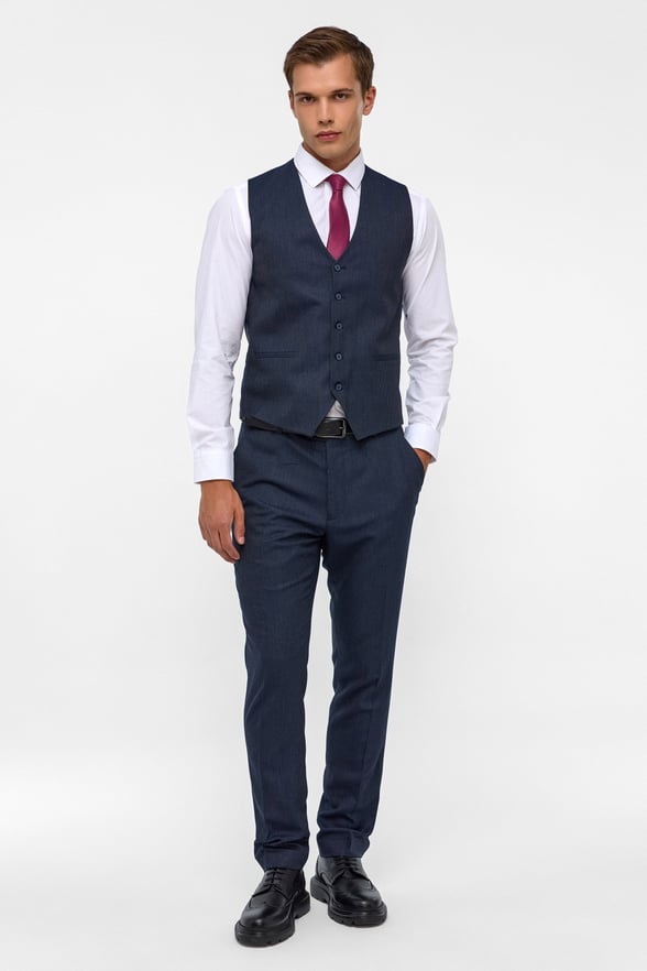Lacivert Slim Desenli Mono Yaka 6 Drop Yelekli Takım Elbise
