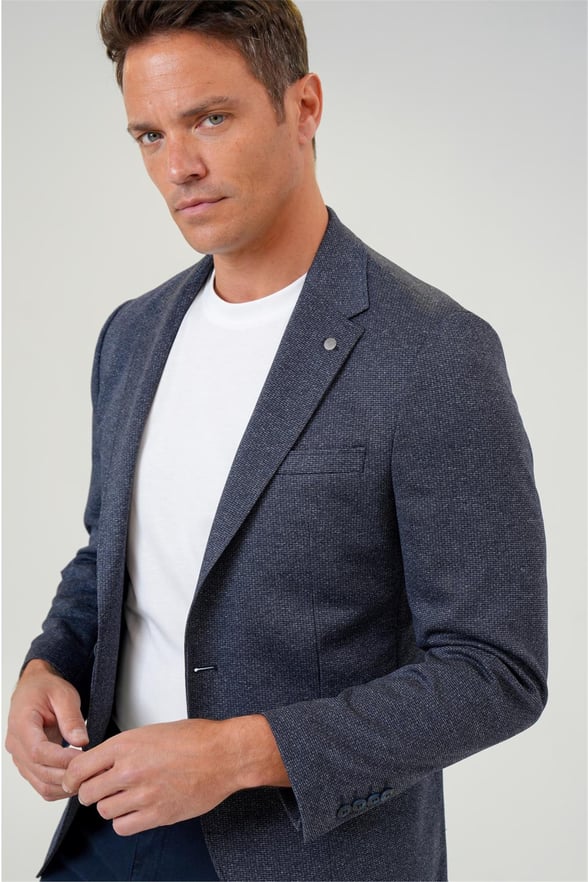 Lacivert Slim Desenli Mono Yaka 6 Drop Ceket
