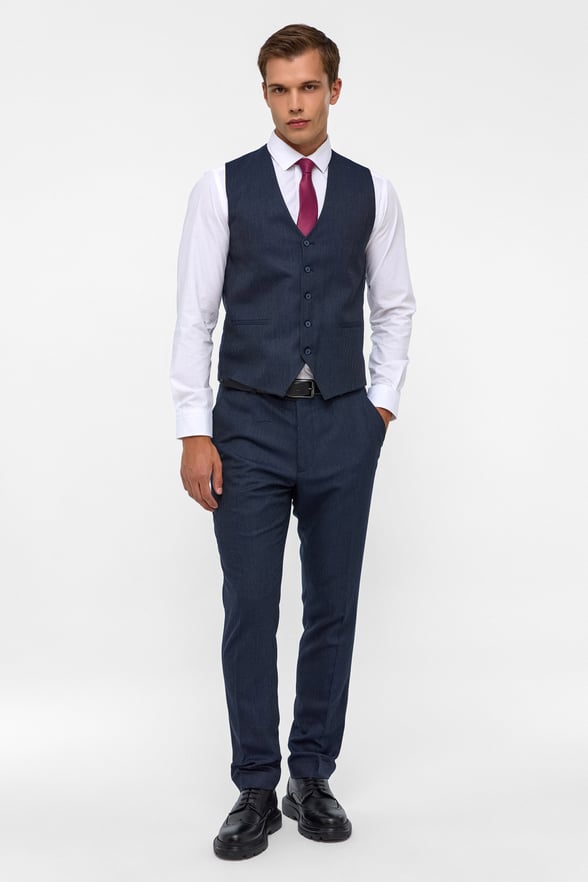 Lacivert Slim Desenli Mono Yaka 6 Drop Yelekli Takım Elbise