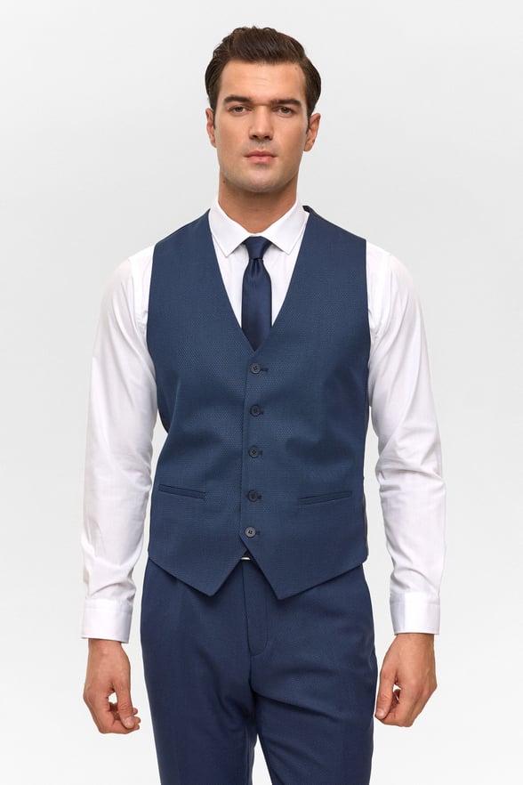 Lacivert Slim Desenli Sivri Yaka 6 Drop Yelekli Takım Elbise