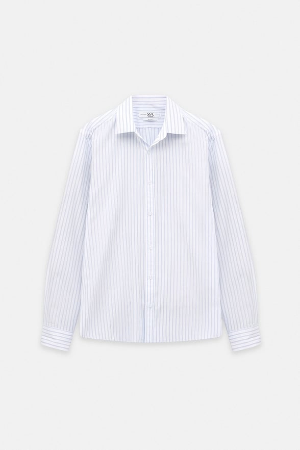 Lacivert Slim Düğmeli Yaka Dikey Çizgili Armürlü Cepsiz Düğmeli Uzun Kollu Casual Gömlek