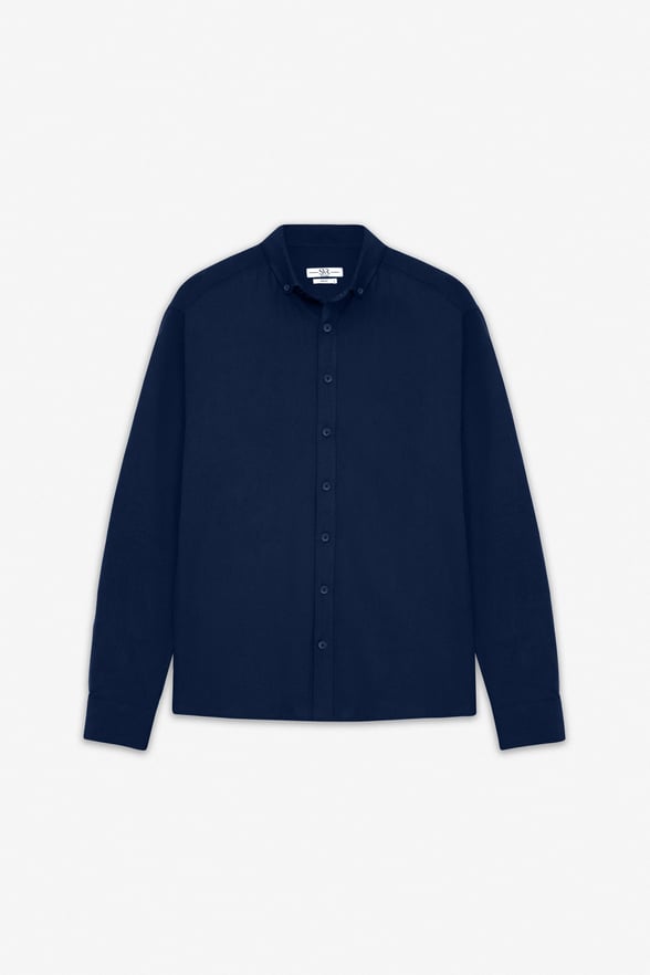 Lacivert Slim Düğmeli Yaka Düz Uzun Kollu Casual Gömlek