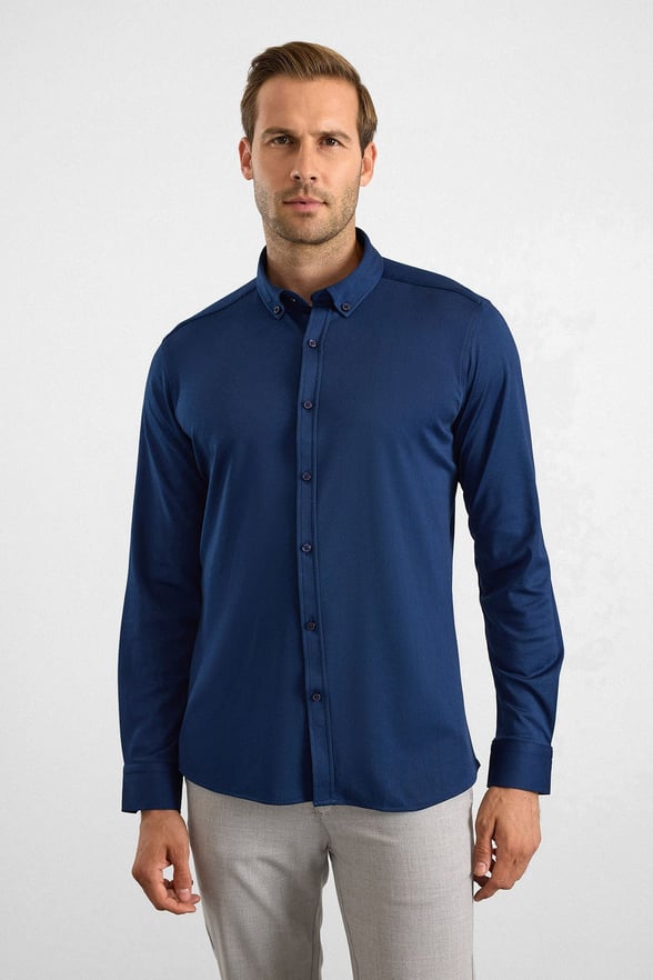 Lacivert Slim Düğmeli Yaka Manşetli Casual Gömlek