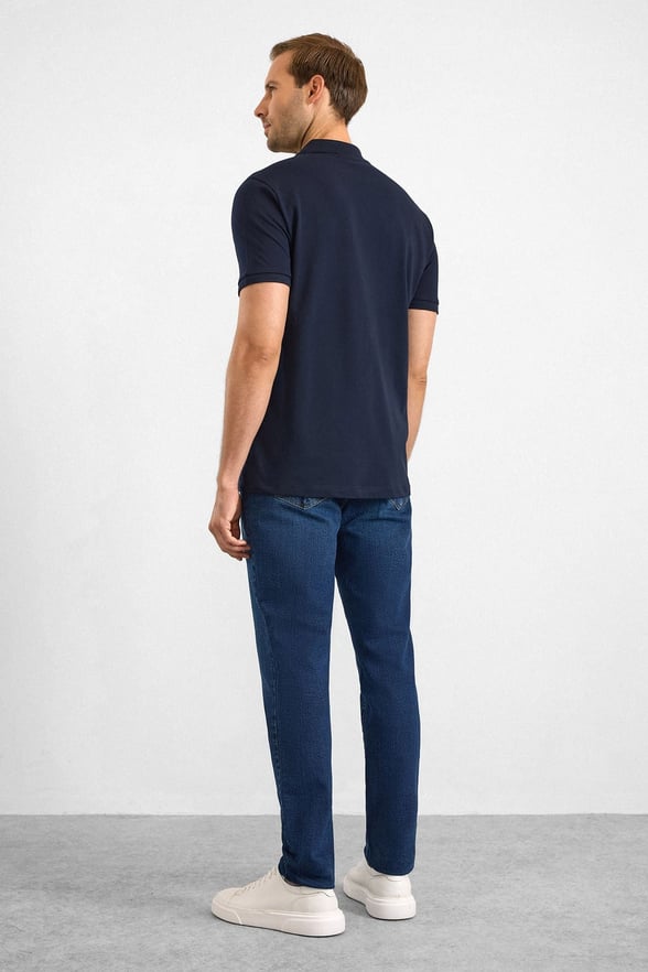 Lacivert Slim Düz Düğmeli Polo Yaka Tişört