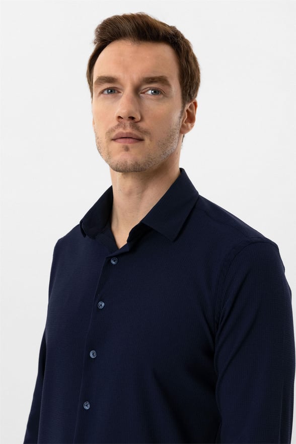 Lacivert Slim Düz Klasik Yaka Gömlek