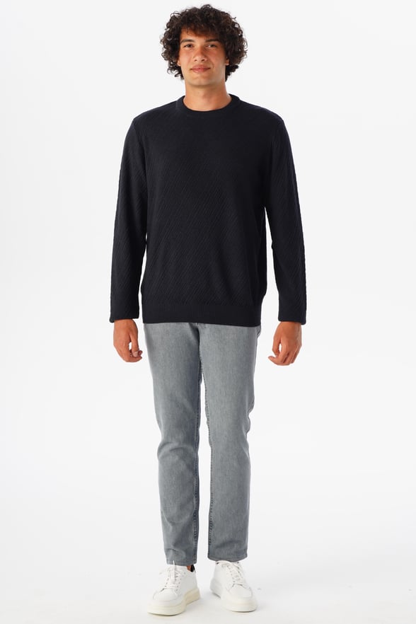 Lacivert Slim Fit Armürlü Bisiklet Yaka Triko Kazak