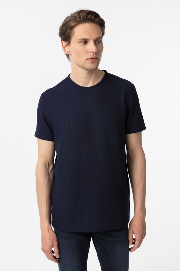 Lacivert Slim Fit Armürlü Bisiklet Yaka Tişört